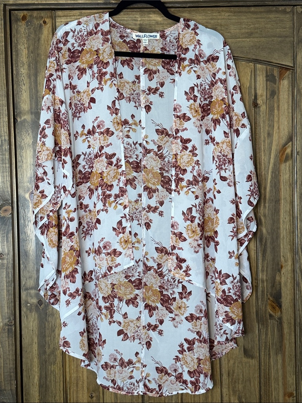 Wallflower Cream Floral Open-Front Kimono with Golden & Brown Blooms